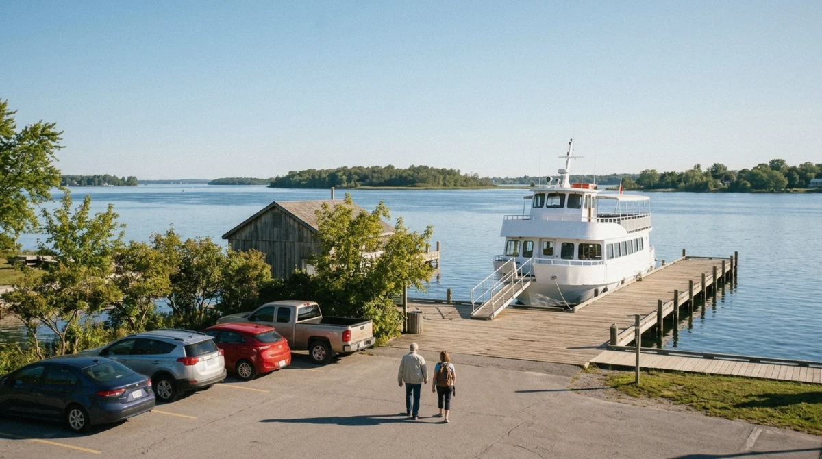 A freighter working the St. Lawrence Seaway channel passed on a 1000 Islands cruise from Gananoque