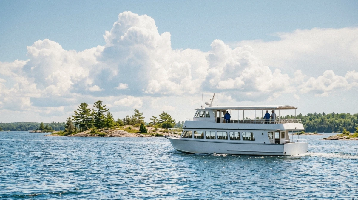 Wind-rippled grey water and an overcast sky over the St. Lawrence River near the Gananoque town dock, the kind of weather that decides a 1000 Islands cruise weather cancellation