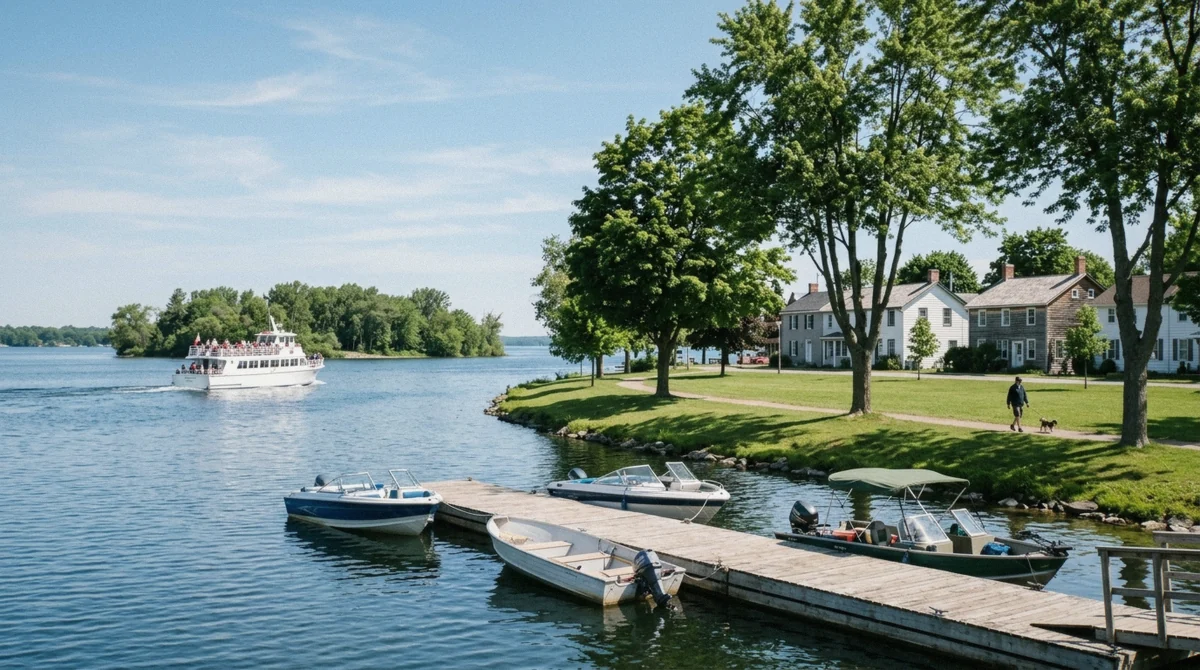 Small boats tied at a dock on the Gananoque waterfront with a 1000 Islands cruise boat passing on the St. Lawrence River